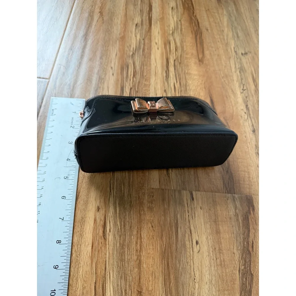 Ted Baker Aimee Black Patent Makeup Bag Cosmetic Pouch Rose Gold Curved Bow
